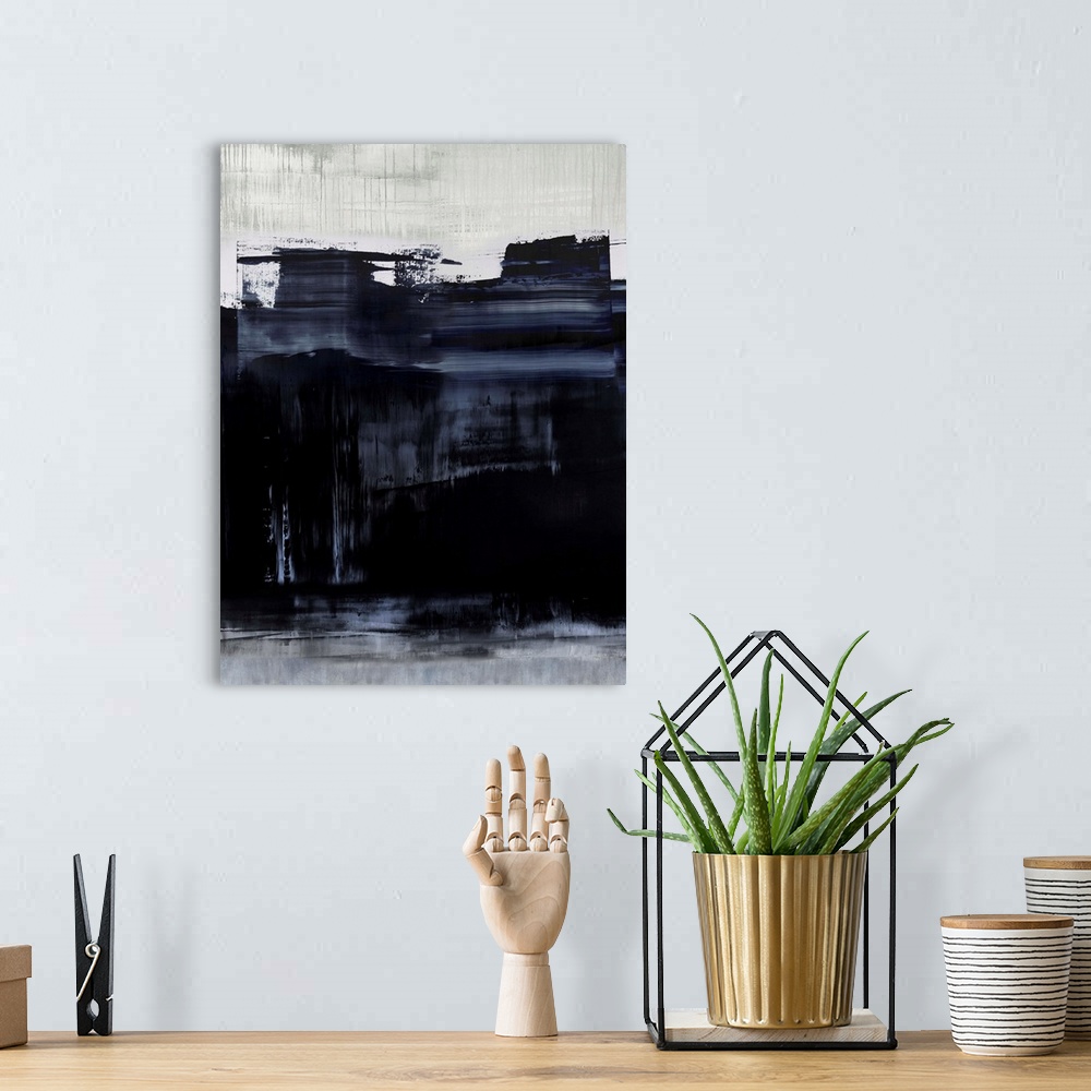 A bohemian room featuring Abstract artwork of vertical dripping paint in black, blue and white with thick horizontal brush ...