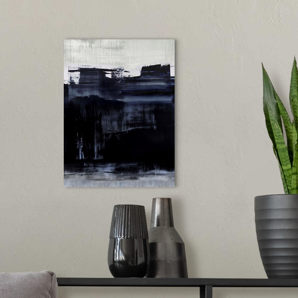 A modern room featuring Abstract artwork of vertical dripping paint in black, blue and white with thick horizontal brush ...