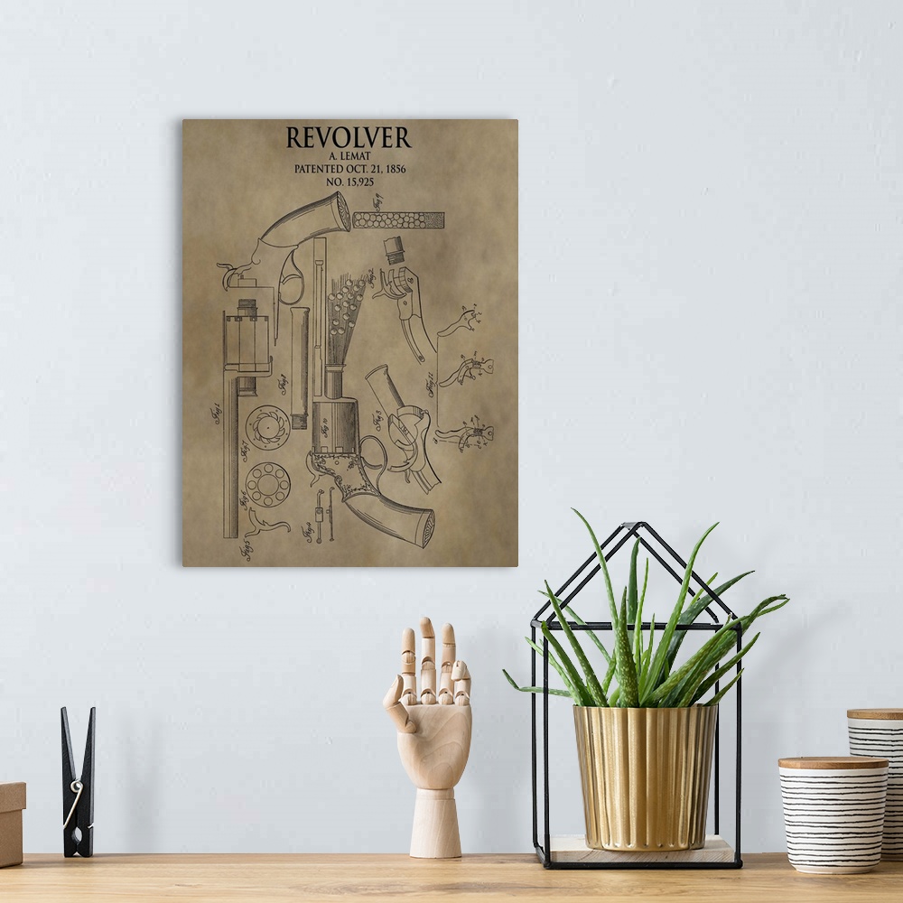 A bohemian room featuring Antique style blueprint diagram of a Revolver from 1856 printed on a brown background.