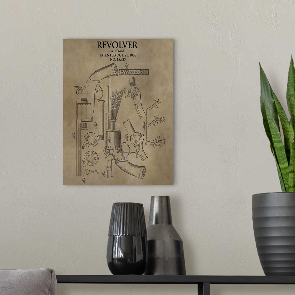 A modern room featuring Antique style blueprint diagram of a Revolver from 1856 printed on a brown background.