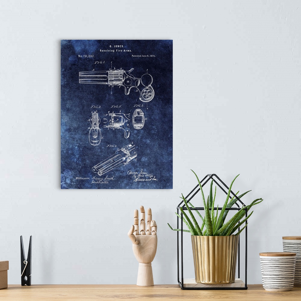 A bohemian room featuring Antique style blueprint diagram of a Revolving Fire Arms printed on a blue background.