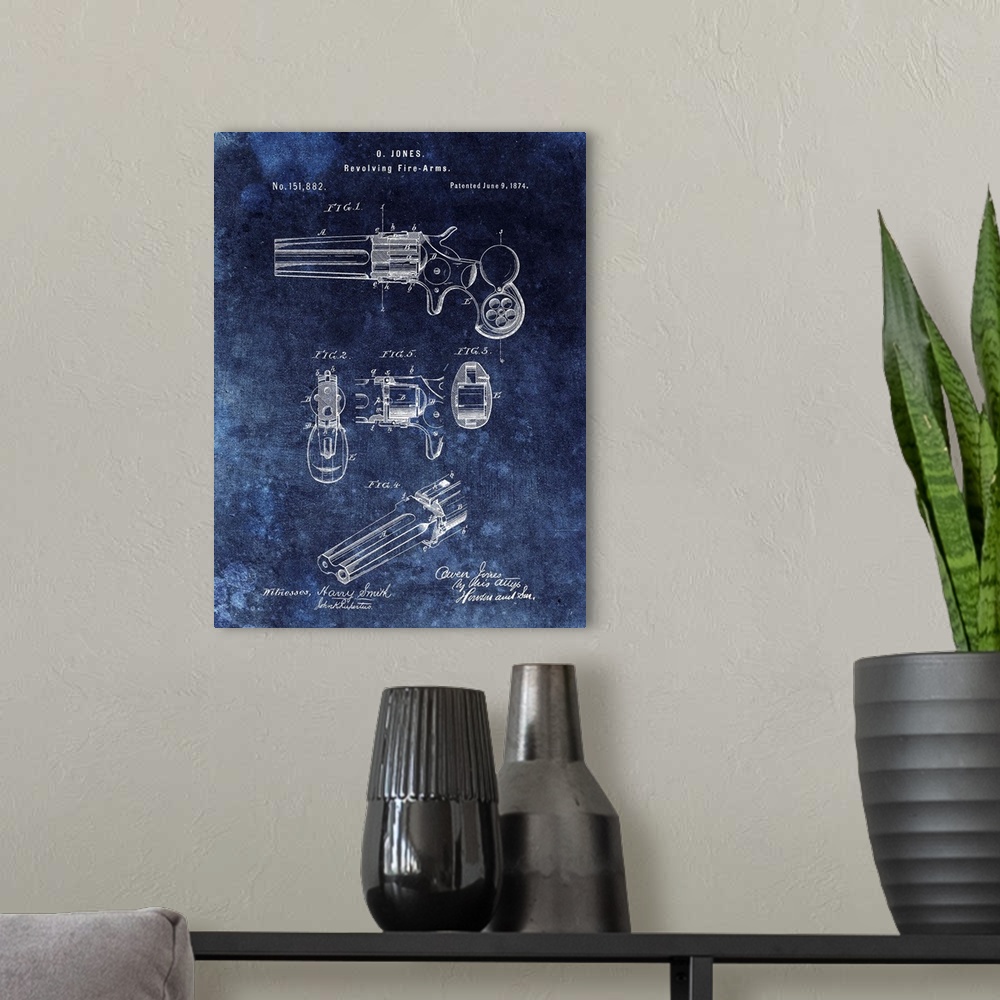 A modern room featuring Antique style blueprint diagram of a Revolving Fire Arms printed on a blue background.