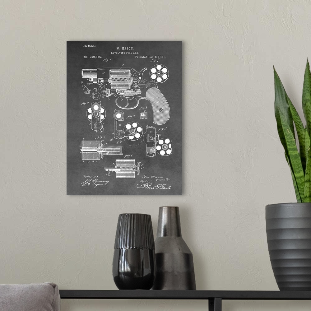 A modern room featuring Antique style blueprint diagram of a Revolving Firearm printed on a gray background.