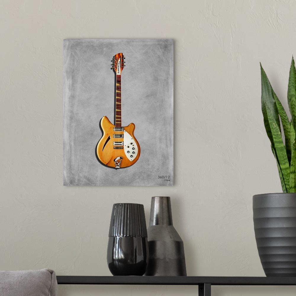 A modern room featuring Photograph of a Rickenbacker 360 12 printed on a textured background in shades of gray.