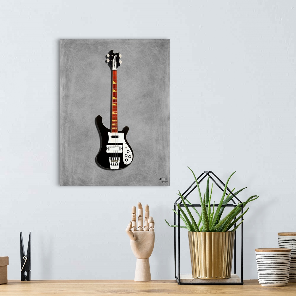 A bohemian room featuring Photograph of a Rickenbacker 4001 1979 printed on a textured background in shades of gray.