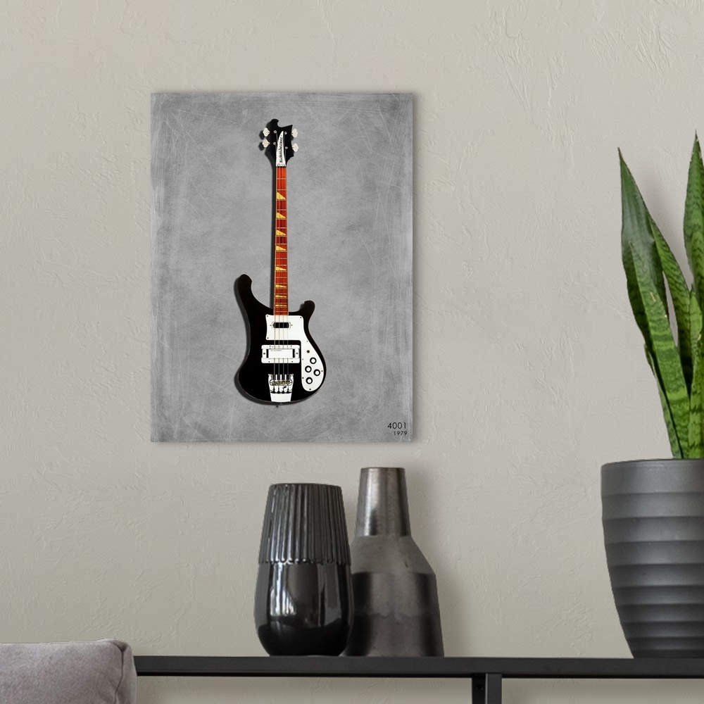A modern room featuring Photograph of a Rickenbacker 4001 1979 printed on a textured background in shades of gray.