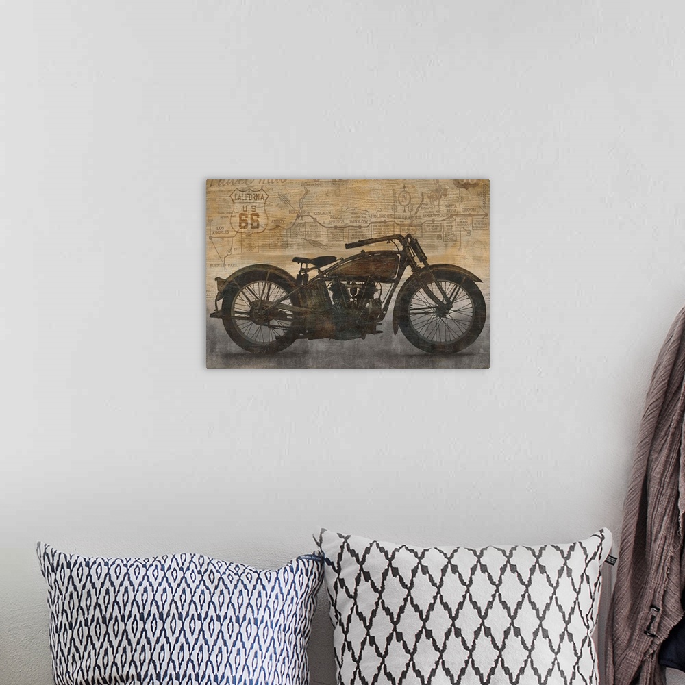 A bohemian room featuring Vintage decor with an illustration of a motorcycle and a California US 66 map in the background.