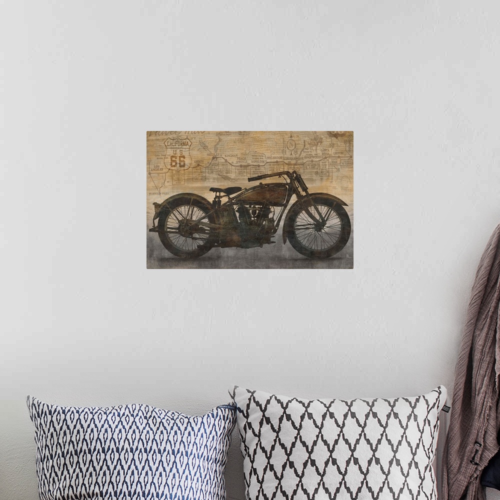 A bohemian room featuring Vintage decor with an illustration of a motorcycle and a California US 66 map in the background.