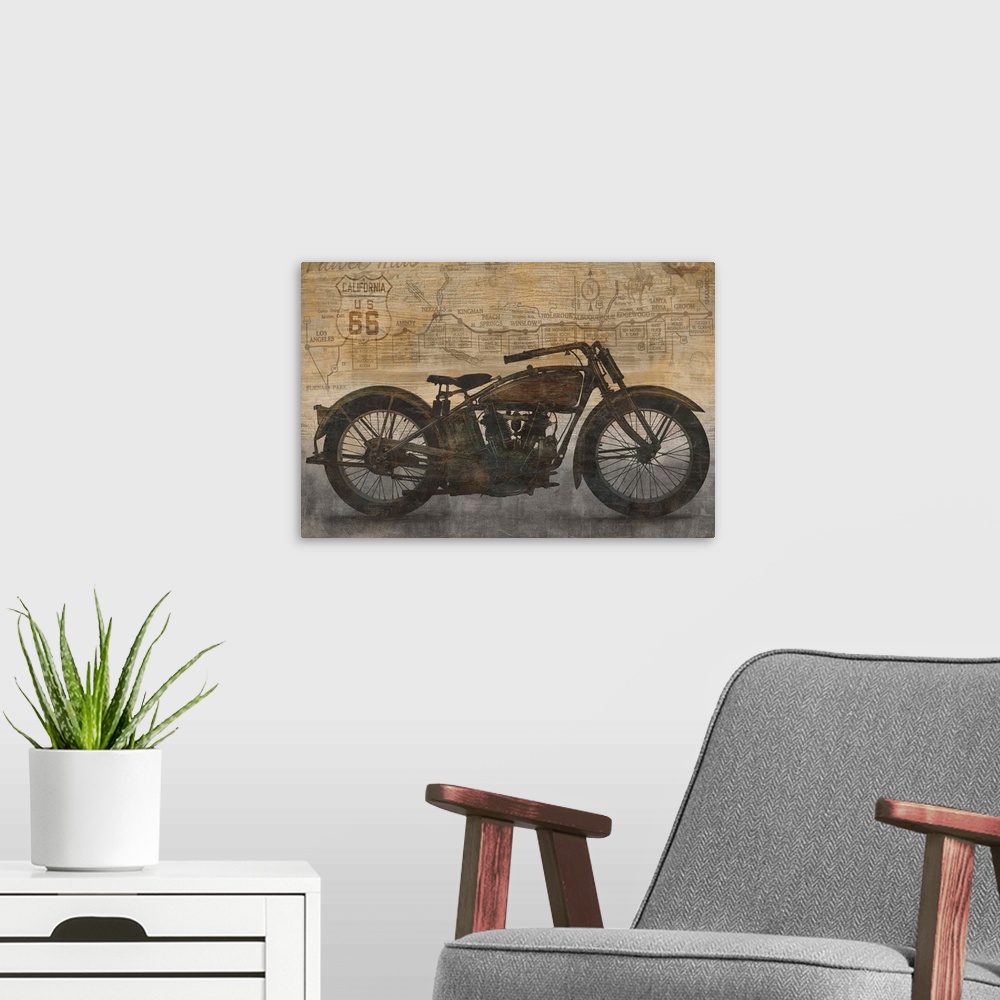 A modern room featuring Vintage decor with an illustration of a motorcycle and a California US 66 map in the background.