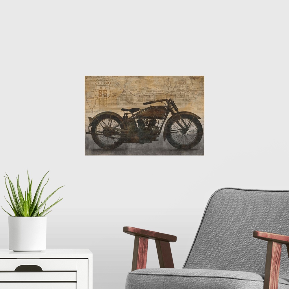 A modern room featuring Vintage decor with an illustration of a motorcycle and a California US 66 map in the background.