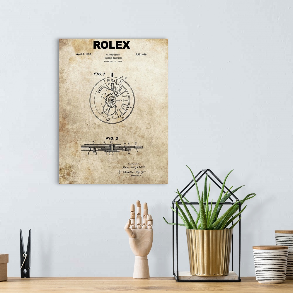A bohemian room featuring Antique style blueprint diagram of a Rolex Calendar Time Piece printed on an aged background.