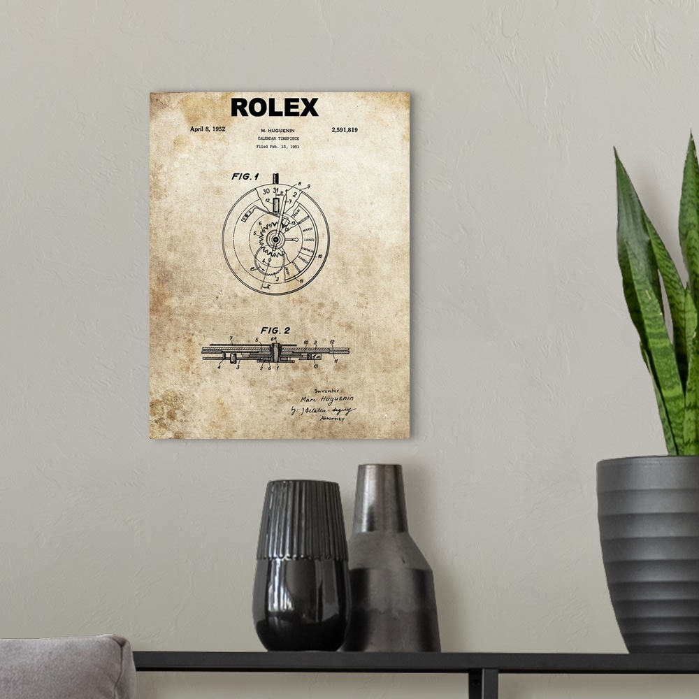 A modern room featuring Antique style blueprint diagram of a Rolex Calendar Time Piece printed on an aged background.