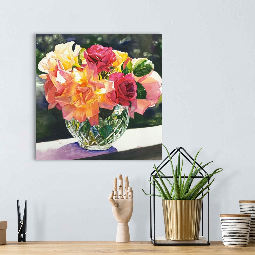 A bohemian room featuring Square still life watercolor painting of beautifully arranged flowers in a crystal vase.