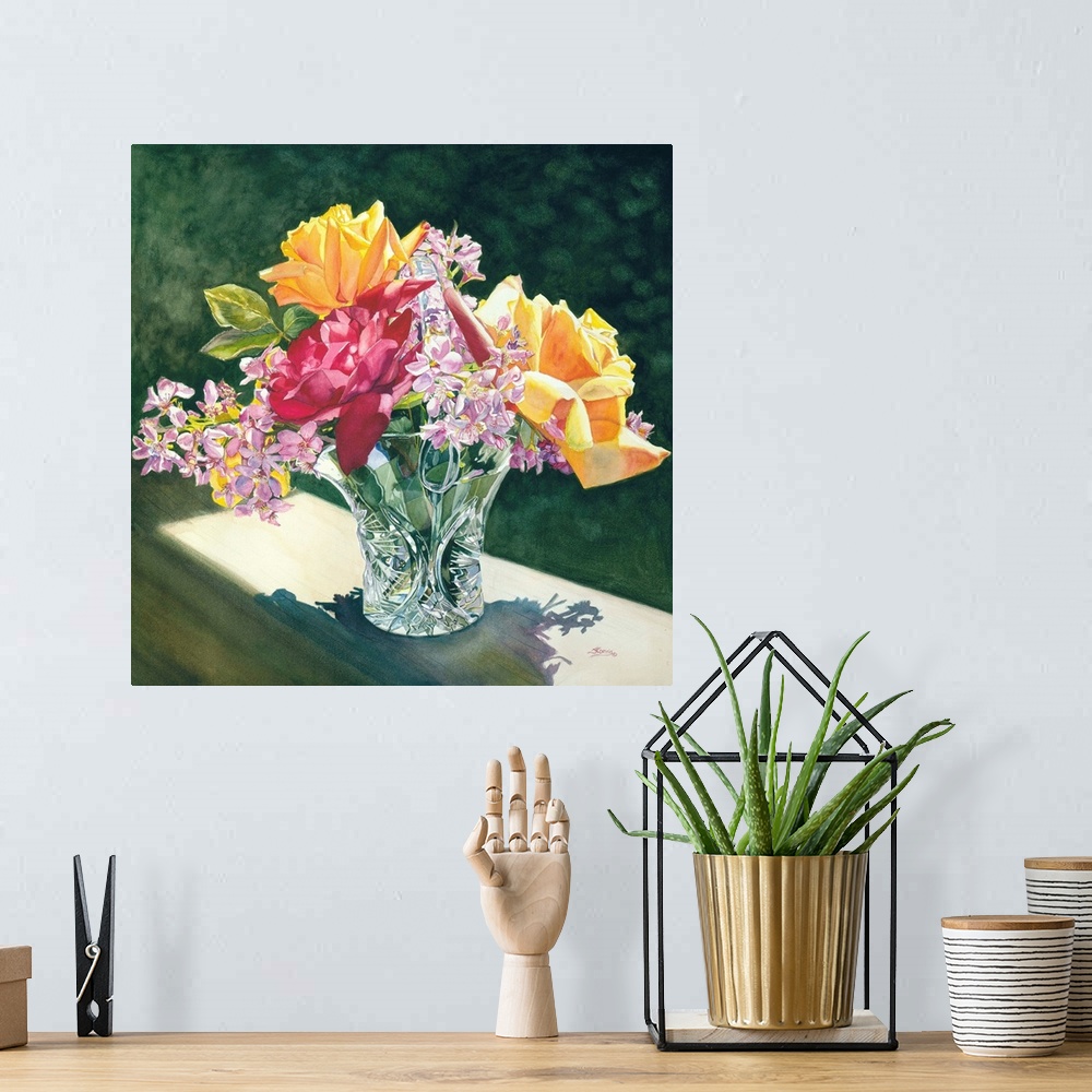A bohemian room featuring Square still life watercolor painting of beautifully arranged flowers in a crystal vase.