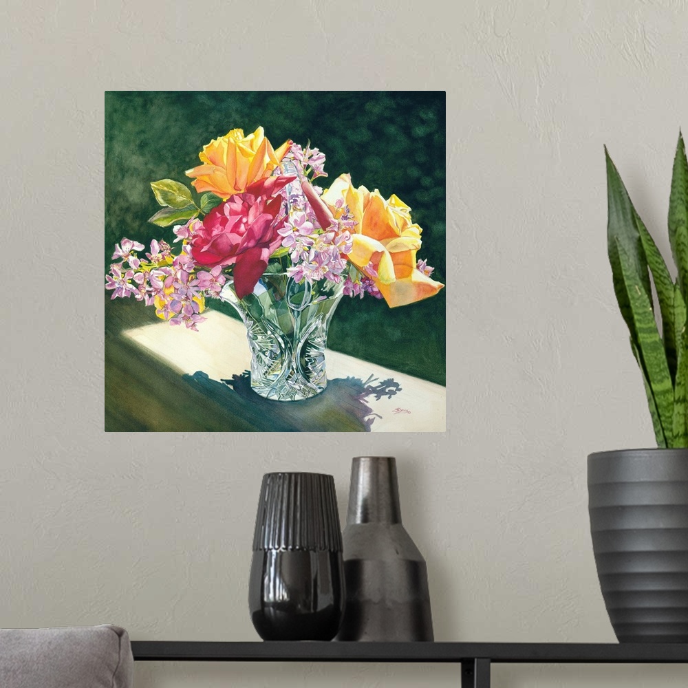 A modern room featuring Square still life watercolor painting of beautifully arranged flowers in a crystal vase.
