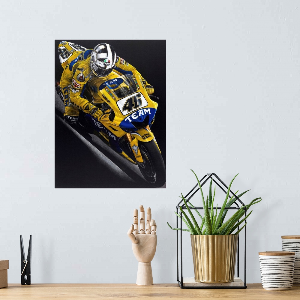 A bohemian room featuring Illustration of a yellow and blue racing Yamaha bike in action, on a black background.