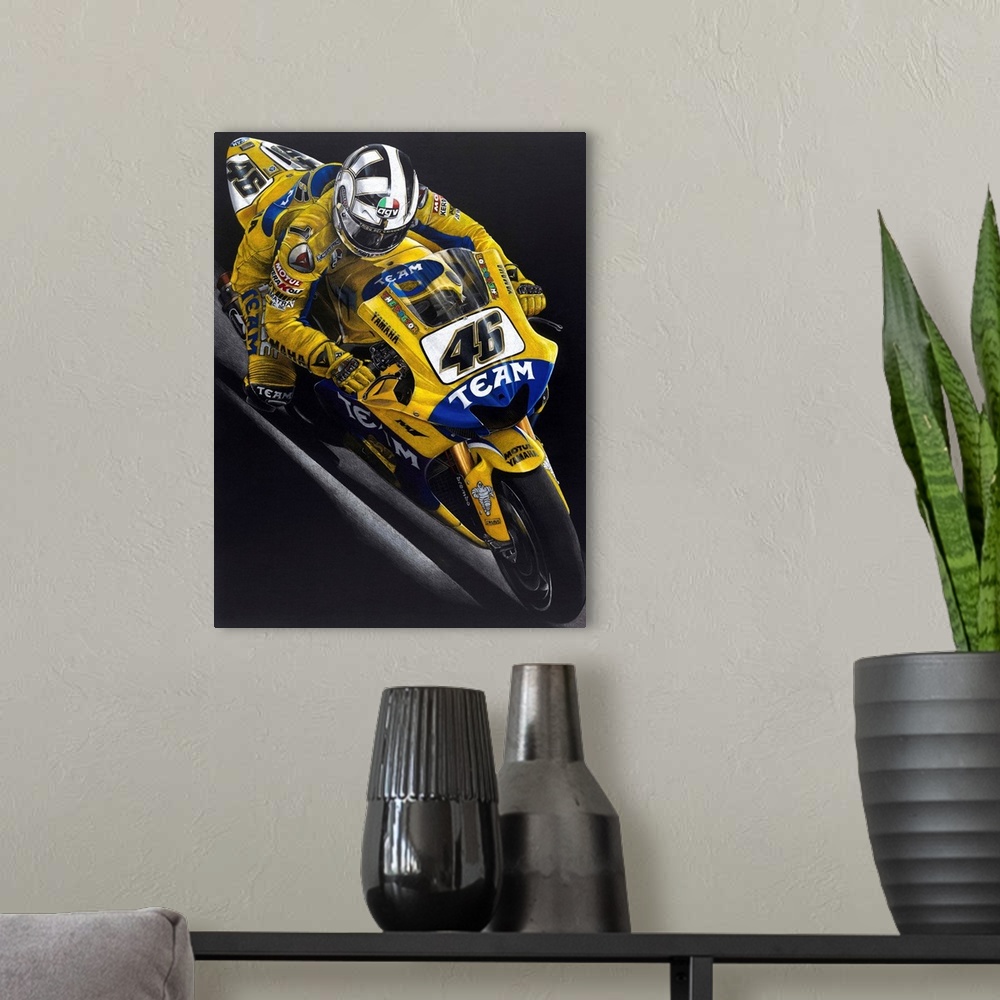 A modern room featuring Illustration of a yellow and blue racing Yamaha bike in action, on a black background.