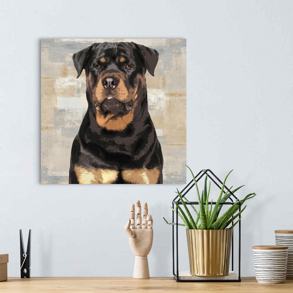 A bohemian room featuring Square decor with a portrait of a Rottweiler on a layered gray, blue, and tan background.