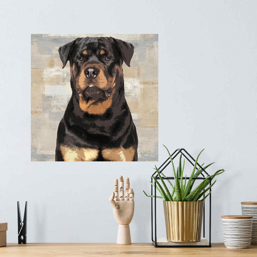 A bohemian room featuring Square decor with a portrait of a Rottweiler on a layered gray, blue, and tan background.