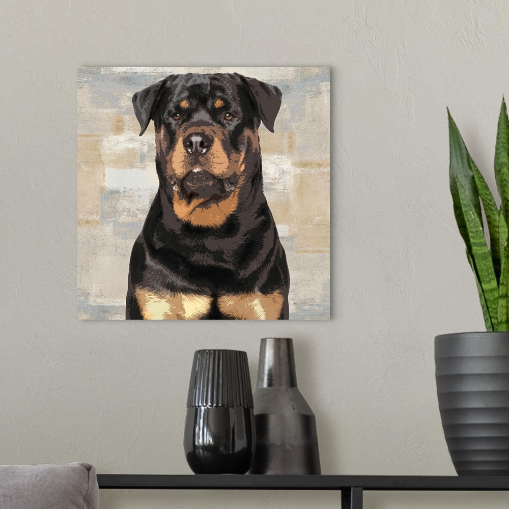 A modern room featuring Square decor with a portrait of a Rottweiler on a layered gray, blue, and tan background.