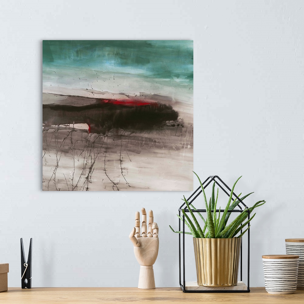 A bohemian room featuring Square abstract painting in teal, black, white, and a little pop of red.