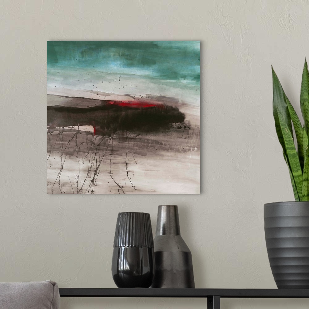 A modern room featuring Square abstract painting in teal, black, white, and a little pop of red.