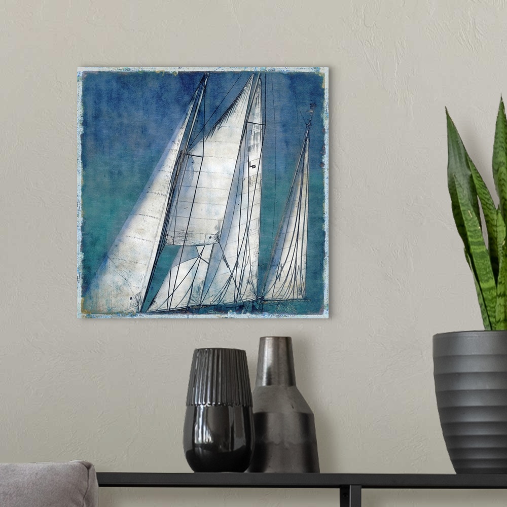A modern room featuring Square decor with sailboat sails in shades of blue and white.