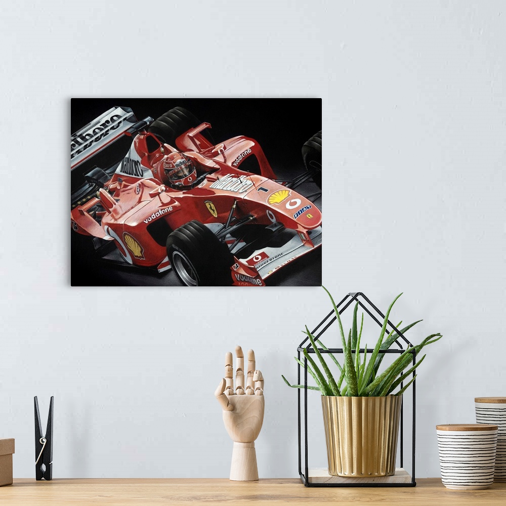 A bohemian room featuring Illustration of a Fiat Formula One car on a black background.