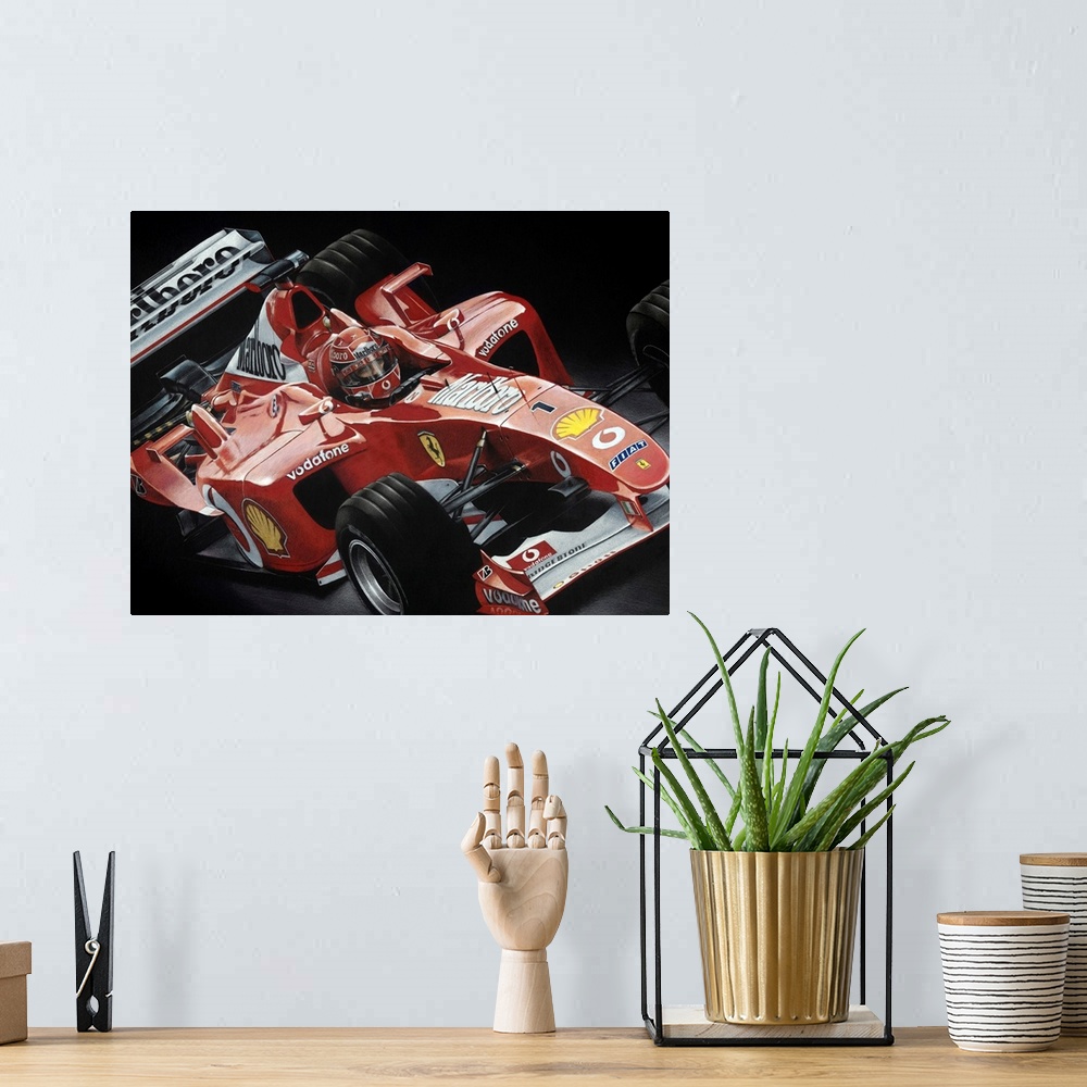A bohemian room featuring Illustration of a Fiat Formula One car on a black background.