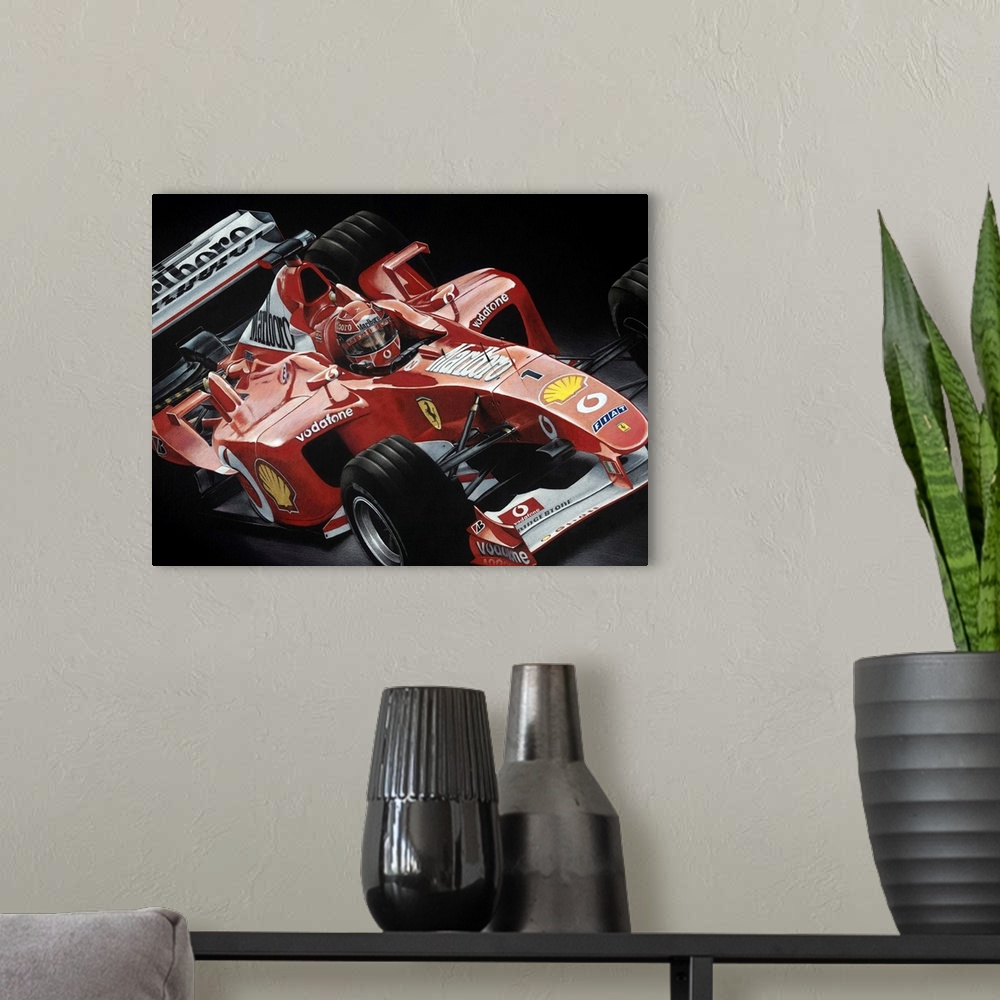 A modern room featuring Illustration of a Fiat Formula One car on a black background.