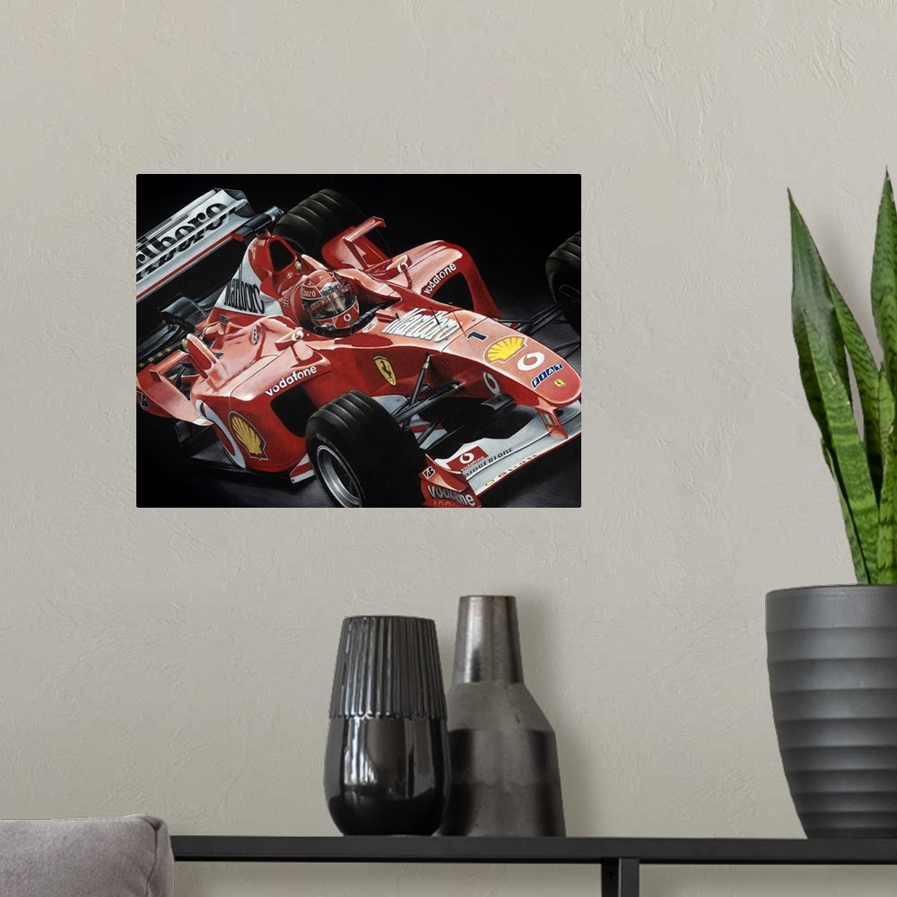 A modern room featuring Illustration of a Fiat Formula One car on a black background.