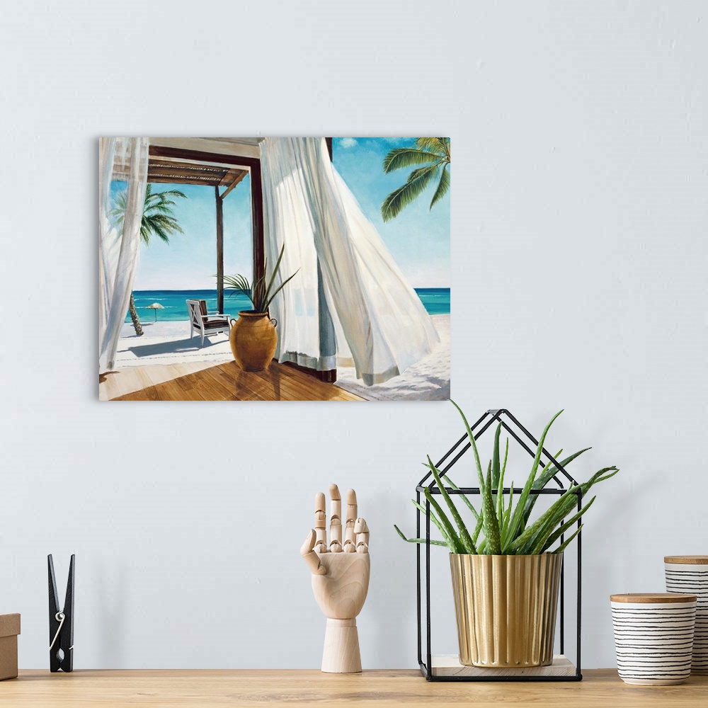 A bohemian room featuring Contemporary painting of a relaxing veranda on a white sand beach with beautiful blue water in th...