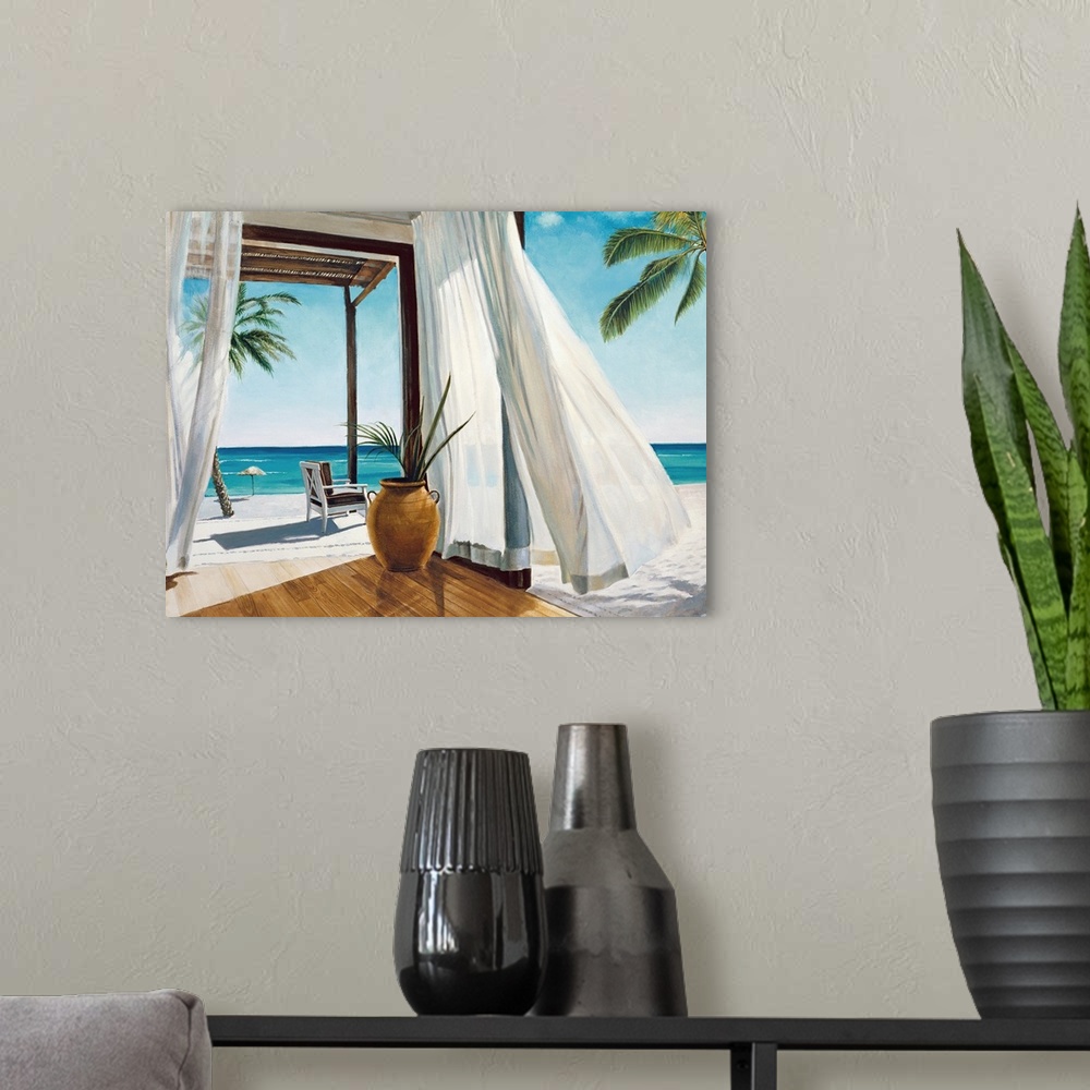 A modern room featuring Contemporary painting of a relaxing veranda on a white sand beach with beautiful blue water in th...