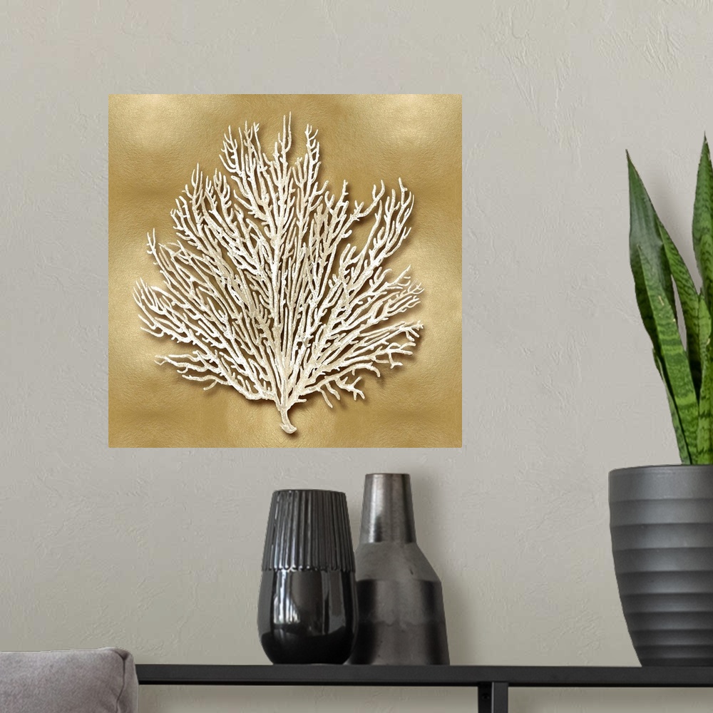 A modern room featuring Square beach decor with white coral on a gold background.