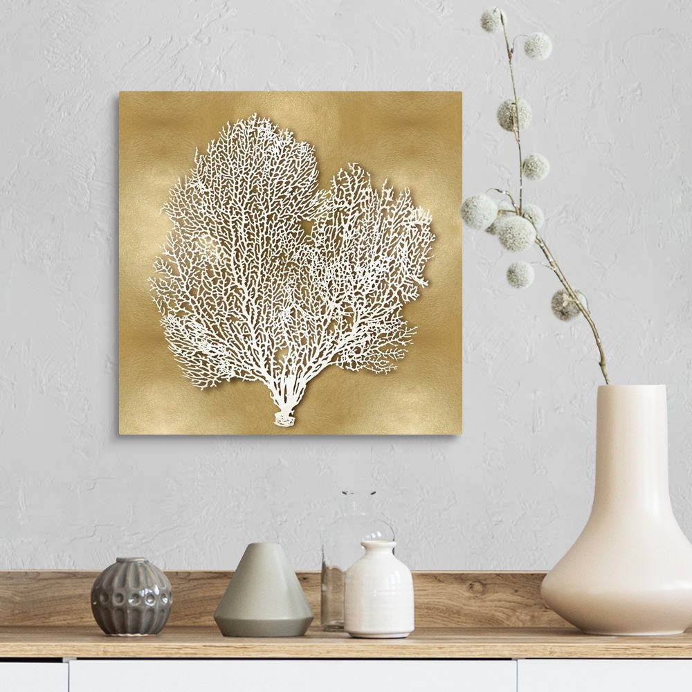 A farmhouse room featuring Square beach decor with white coral on a gold background.