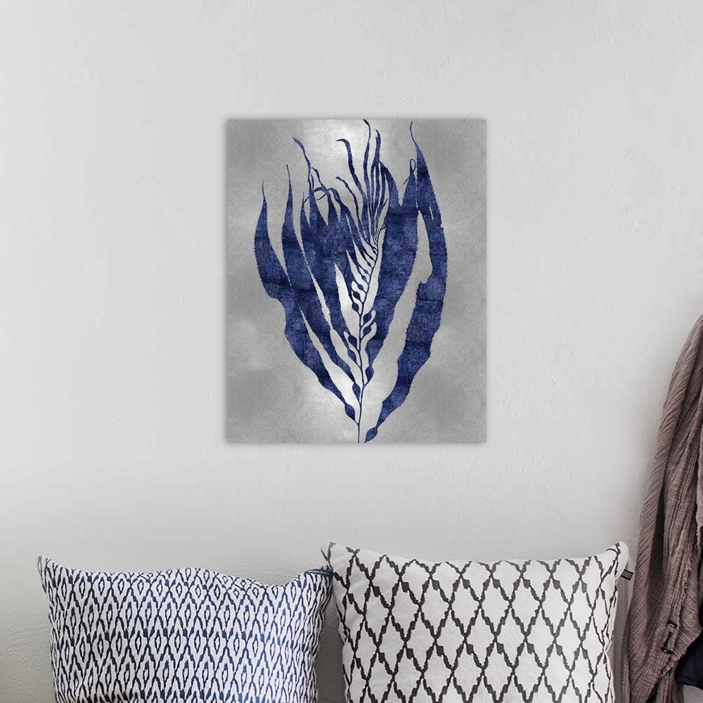 A bohemian room featuring Indigo silhouette of seaweed on a silver background.