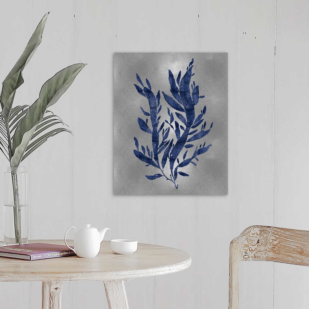 A farmhouse room featuring Indigo silhouette of seaweed on a silver background.