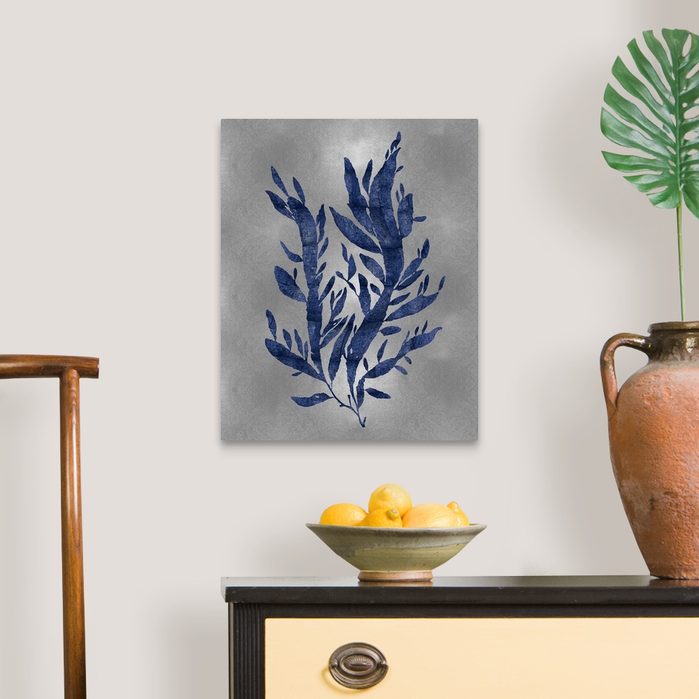 A traditional room featuring Indigo silhouette of seaweed on a silver background.