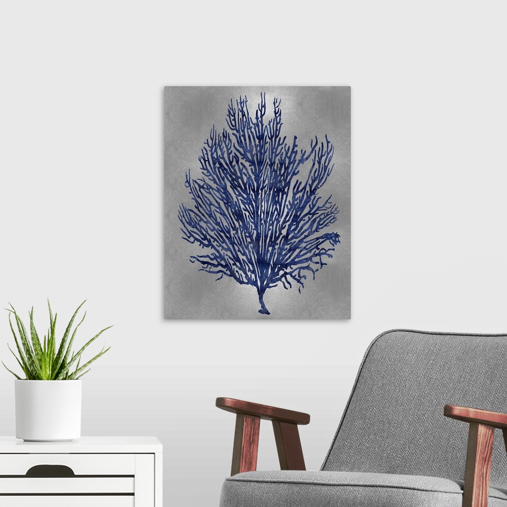 A modern room featuring Indigo silhouette of coral on a silver background.