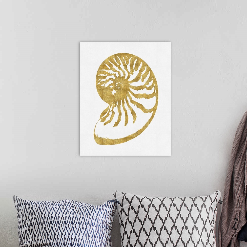 A bohemian room featuring Gold silhouette of a seashell on a solid white background.