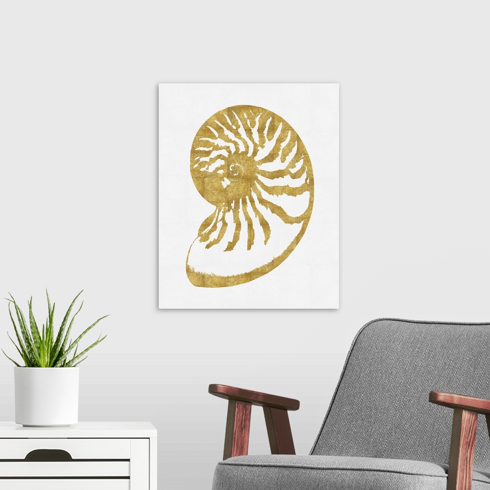 A modern room featuring Gold silhouette of a seashell on a solid white background.