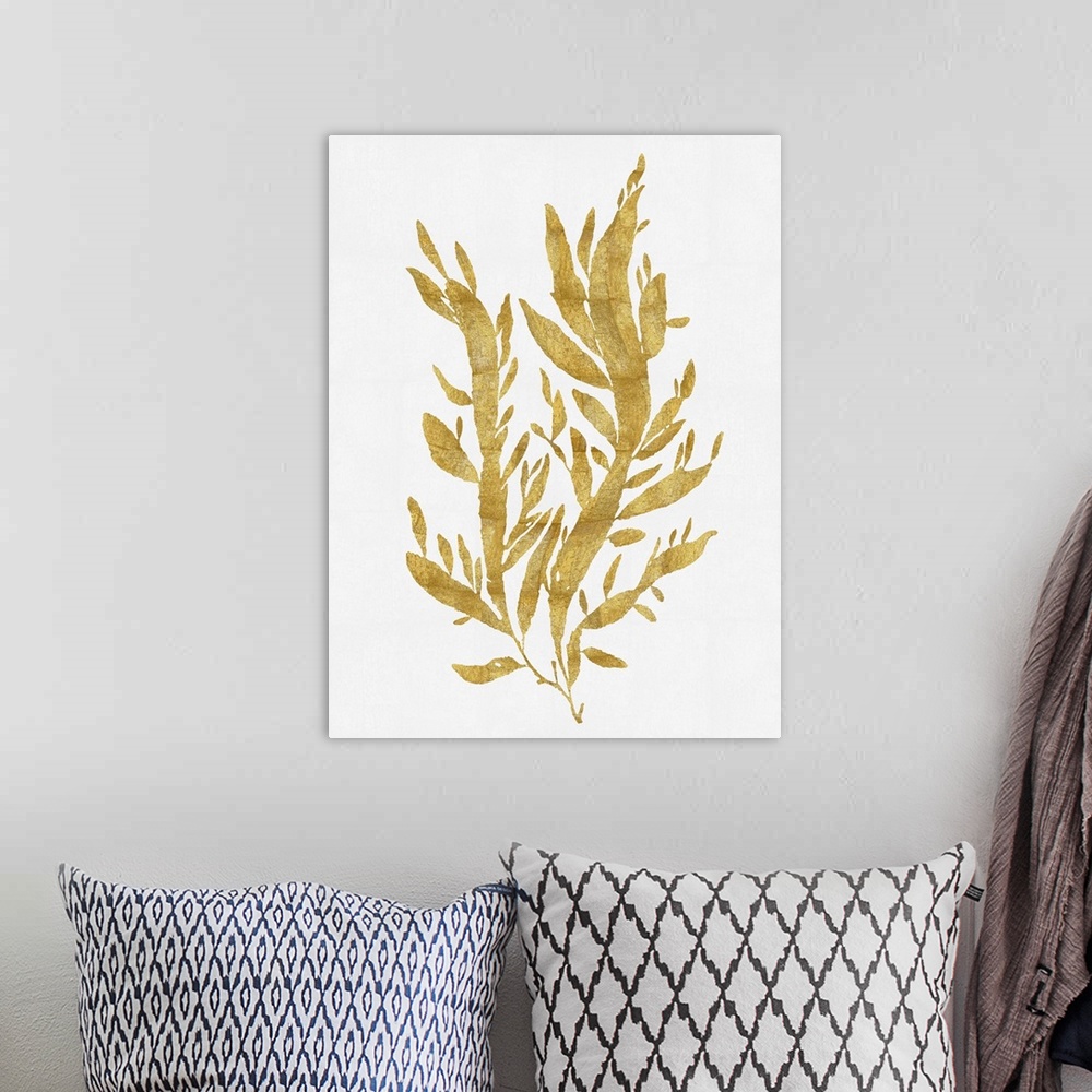 A bohemian room featuring Gold silhouette of seaweedl on a solid white background.
