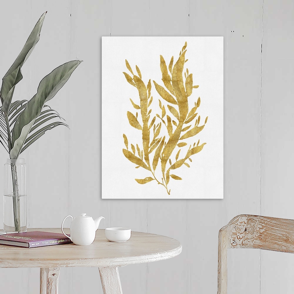 A farmhouse room featuring Gold silhouette of seaweedl on a solid white background.