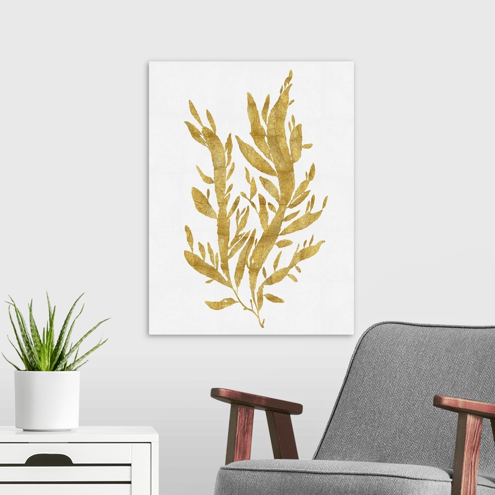 A modern room featuring Gold silhouette of seaweedl on a solid white background.