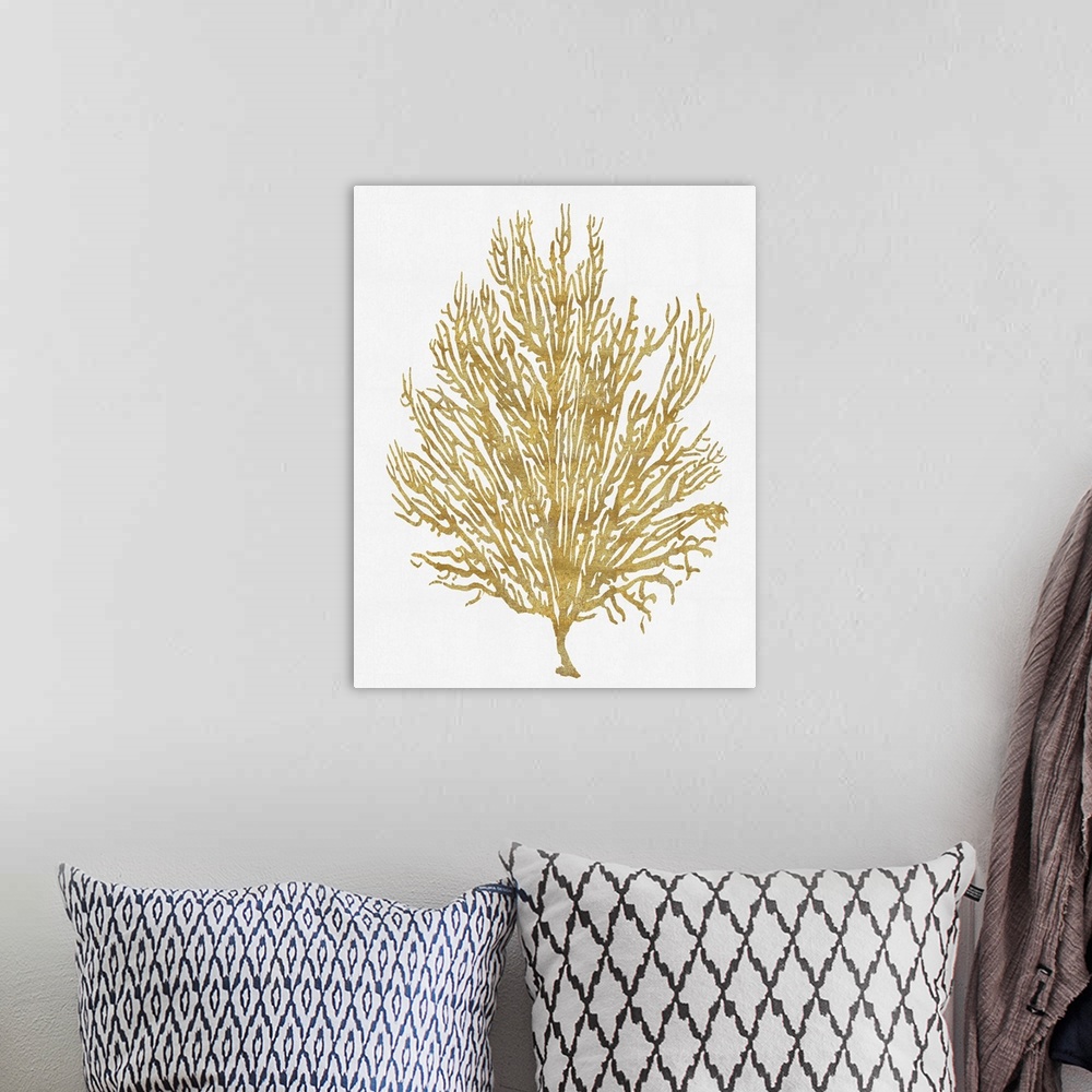 A bohemian room featuring Gold silhouette of coral on a solid white background.