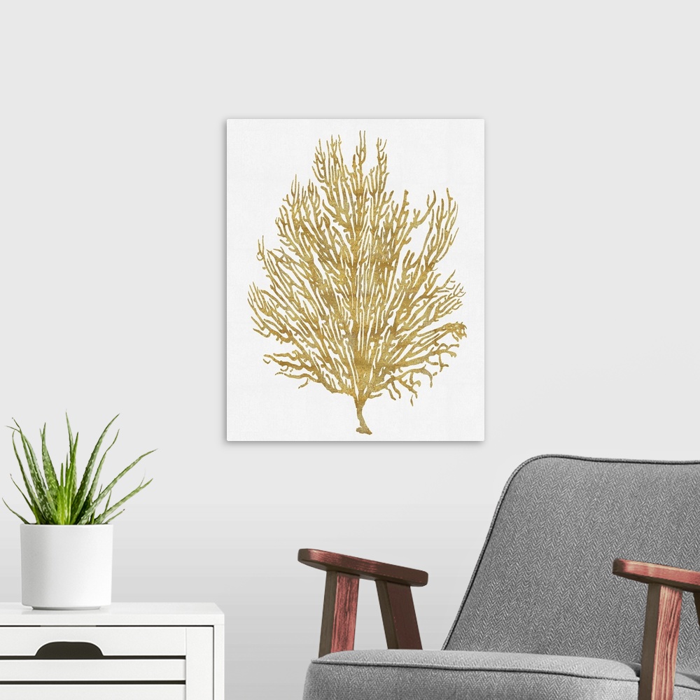 A modern room featuring Gold silhouette of coral on a solid white background.