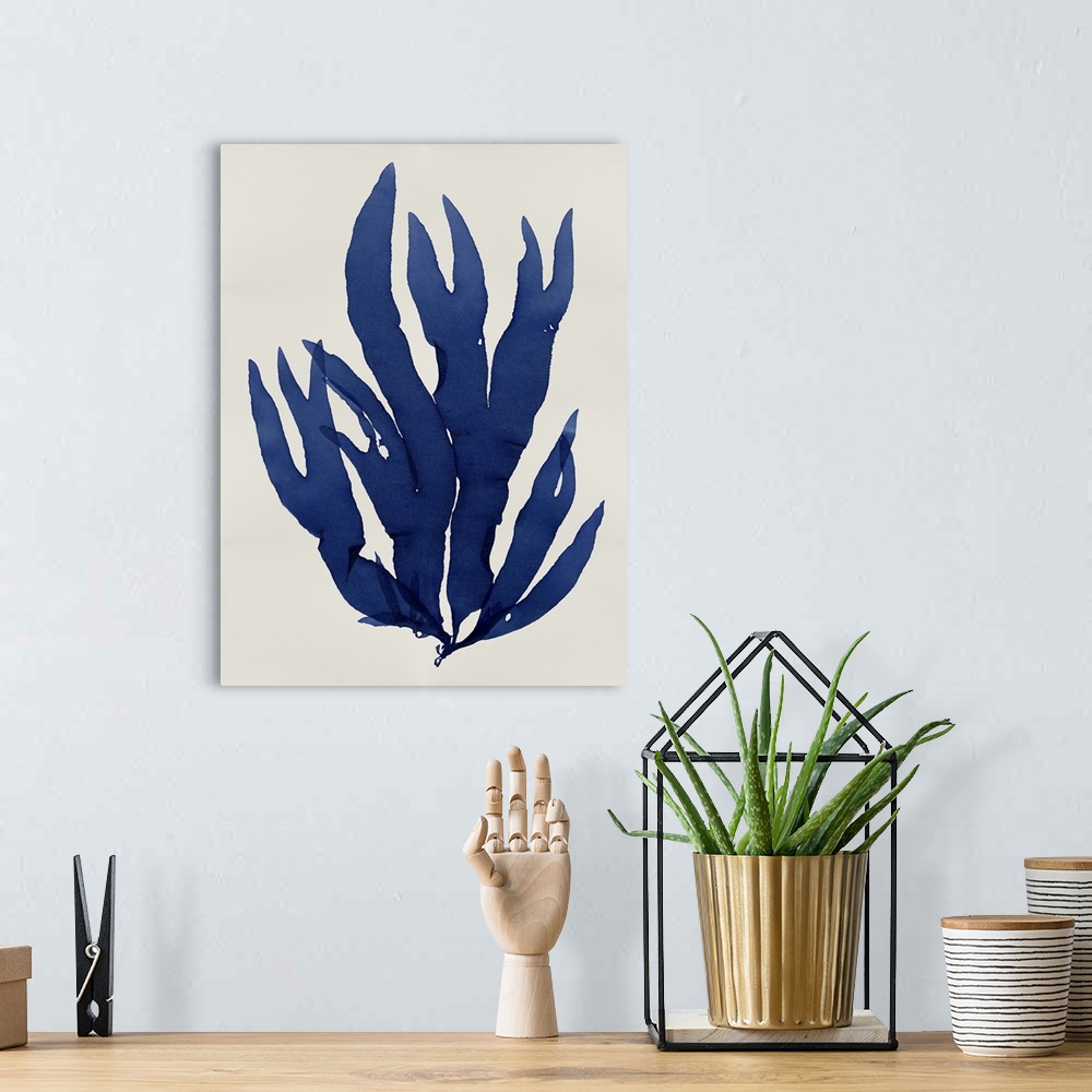A bohemian room featuring Indigo silhouette of seaweed on a white background.