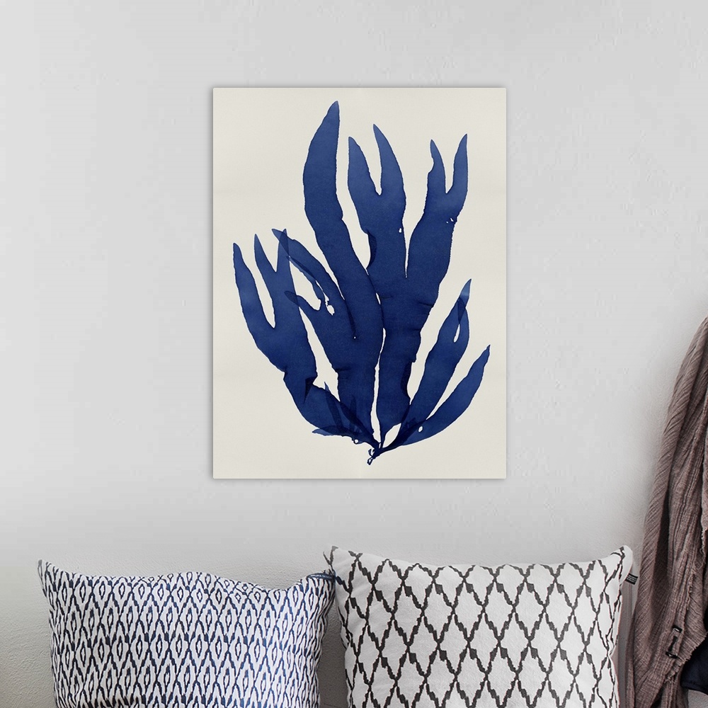 A bohemian room featuring Indigo silhouette of seaweed on a white background.