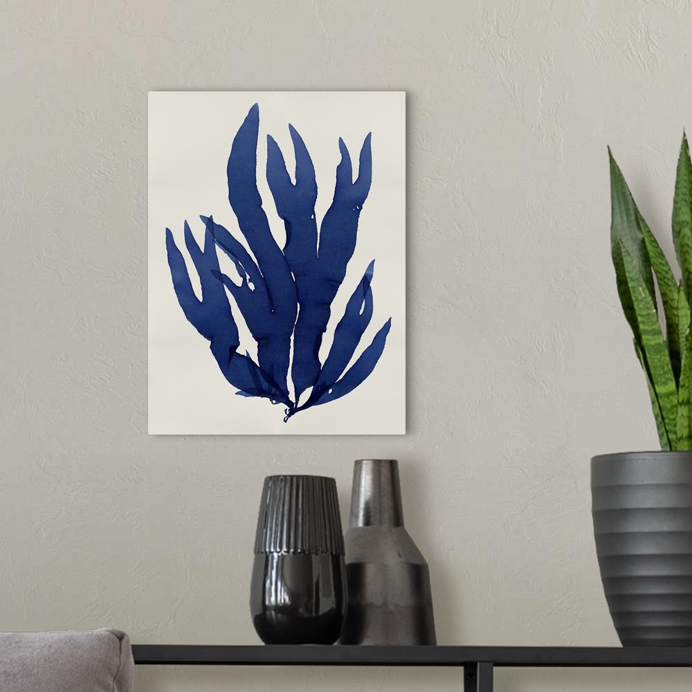 A modern room featuring Indigo silhouette of seaweed on a white background.