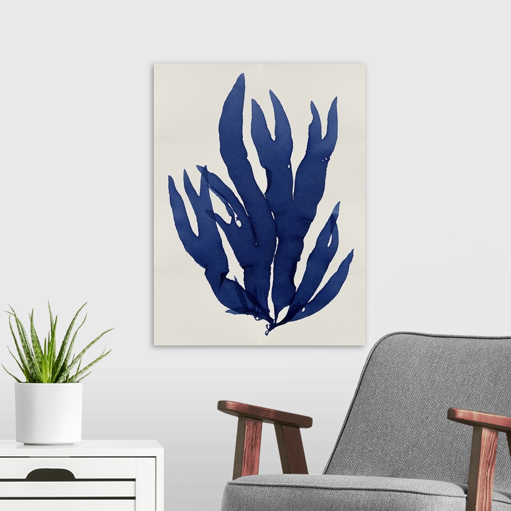 A modern room featuring Indigo silhouette of seaweed on a white background.